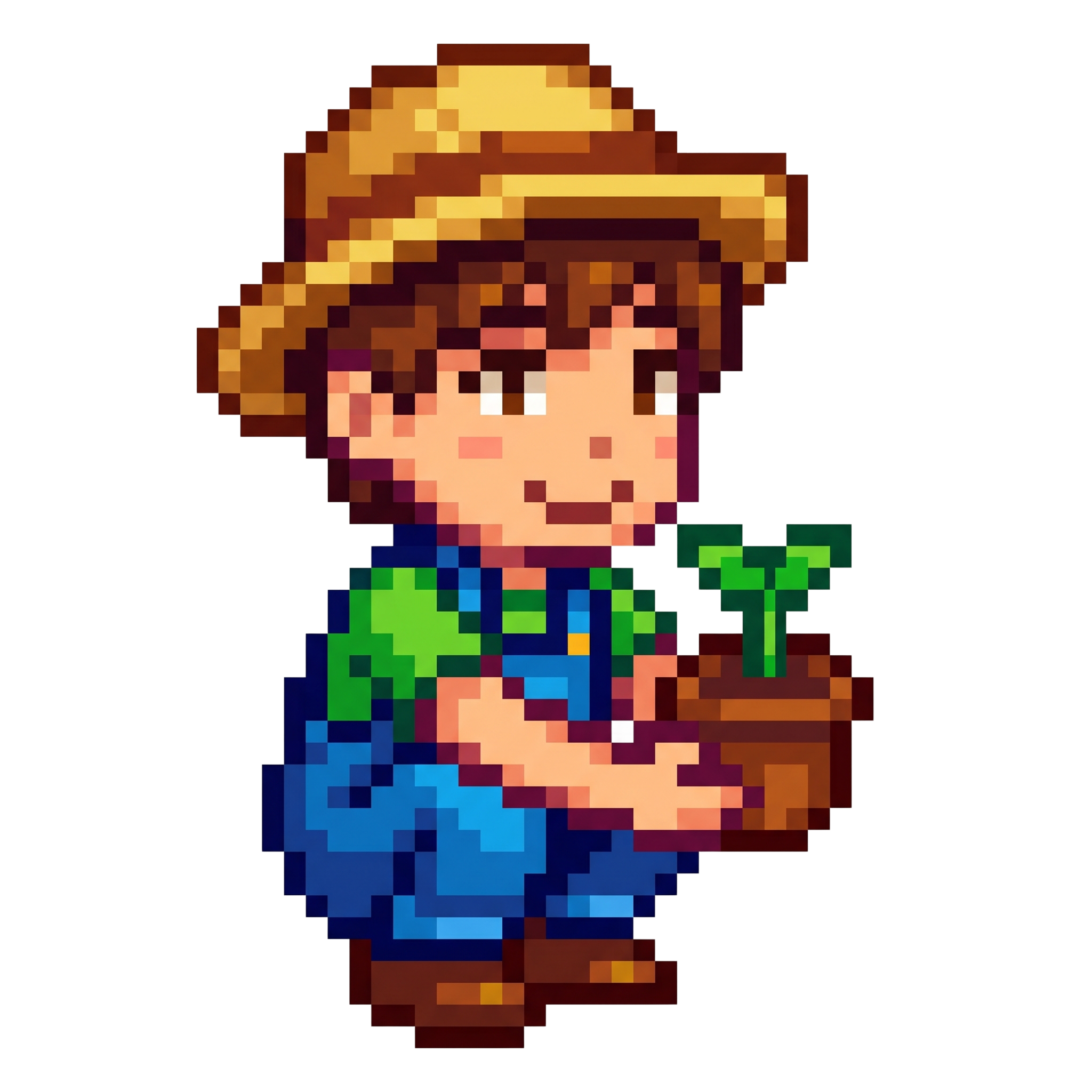 Pixel-art scene: a child watering a sprout